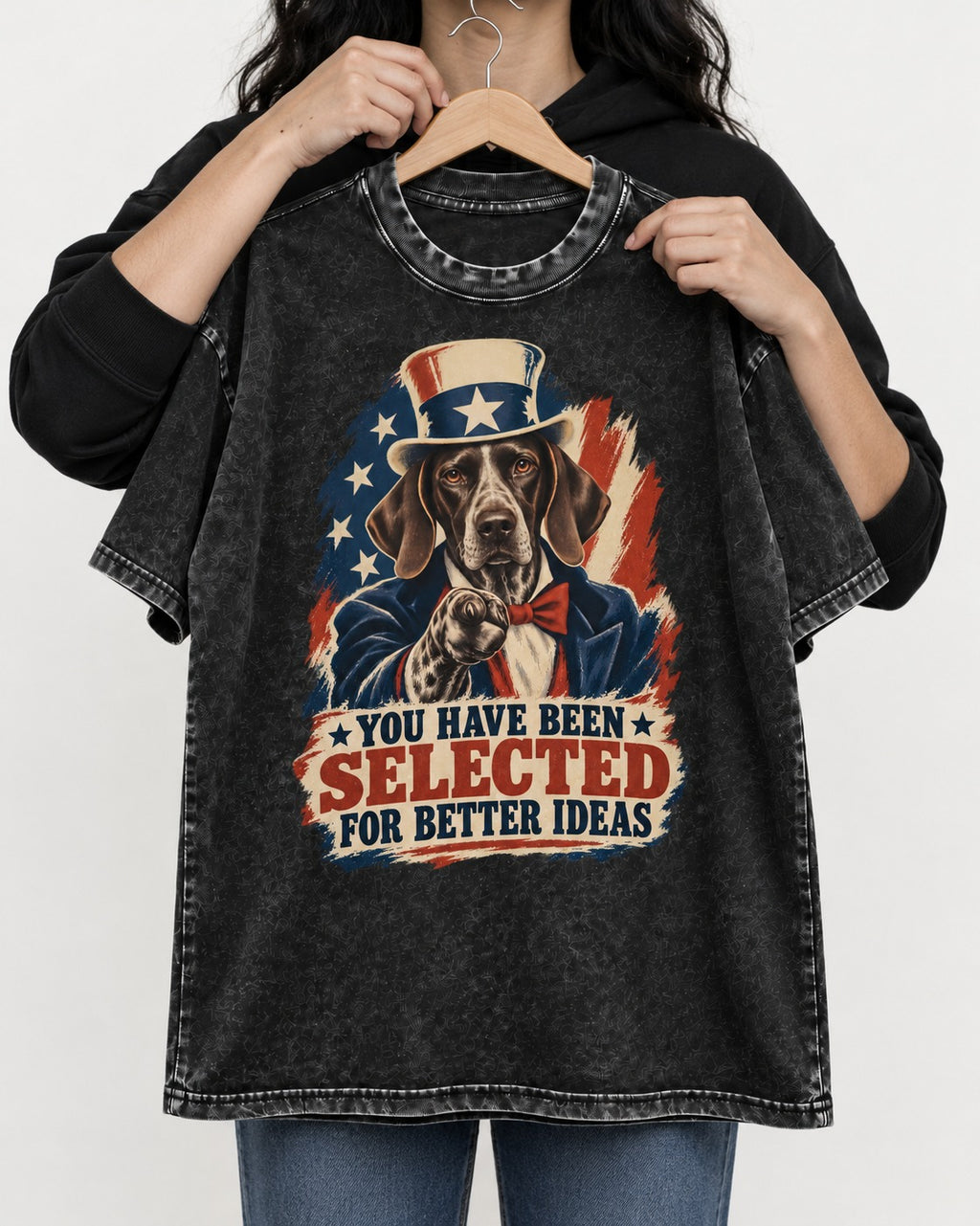 German Shorthaired Pointer You Have Been Selected For Better Ideas Uncle Sam Graphic Washed Tee in Black, held up on a hanger