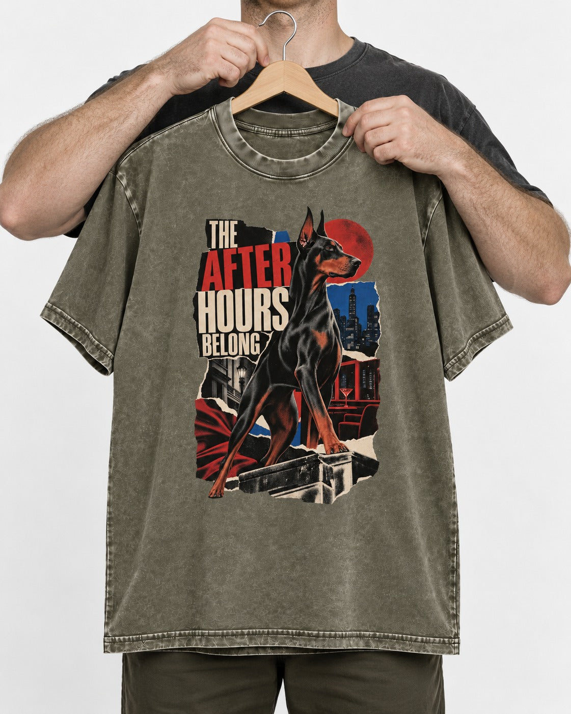Doberman The After Hours Belong City Collage Washed Tee in Army Green, held up on a hanger