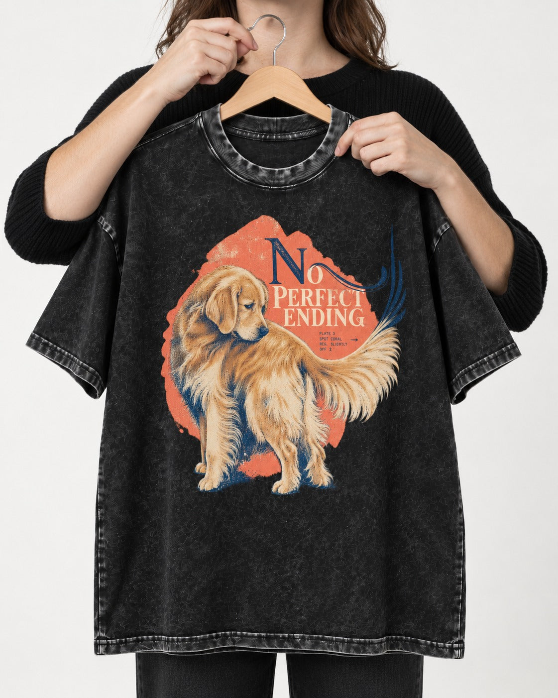 Golden Retriever No Perfect Ending Misregistration Graphic Washed Tee in Black, held up on a hanger
