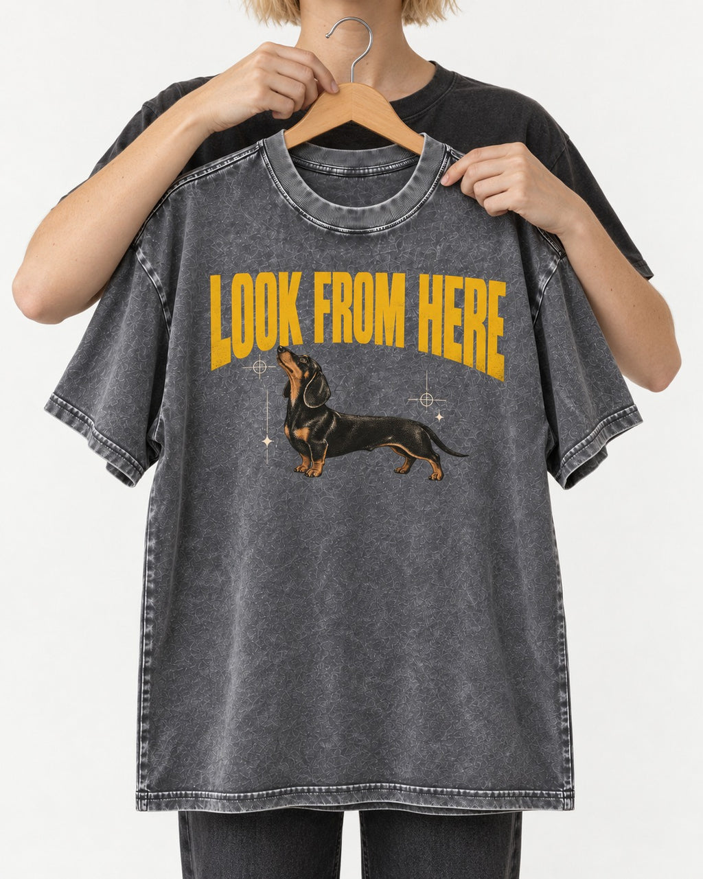 Dachshund Look From Here Washed Tee in Gray, held up on a hanger