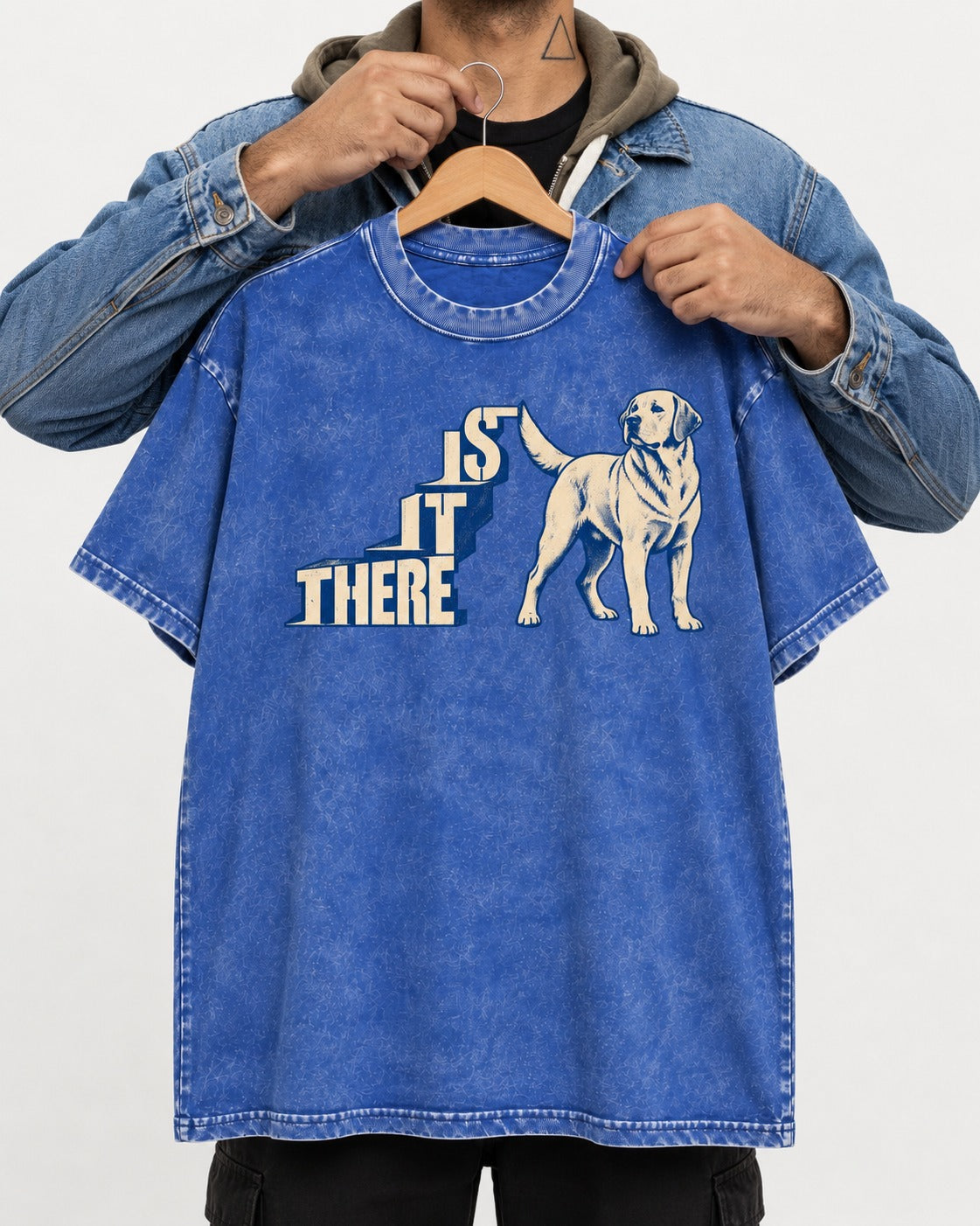 Labrador Retriever Is It There Stair-Step Graphic Washed Tee in Royal Blue, held up on a hanger