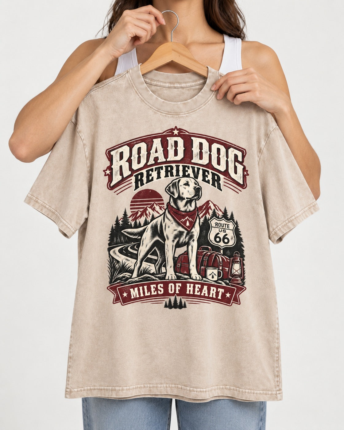 Labrador Retriever Road Dog Miles of Heart Route 66 Graphic Washed Tee in Apricot, held up on a hanger