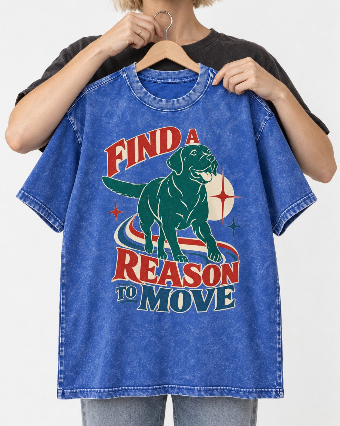 Labrador Retriever Find a Reason to Move Retro Dog Graphic Washed Tee in Royal Blue, held up on a hanger