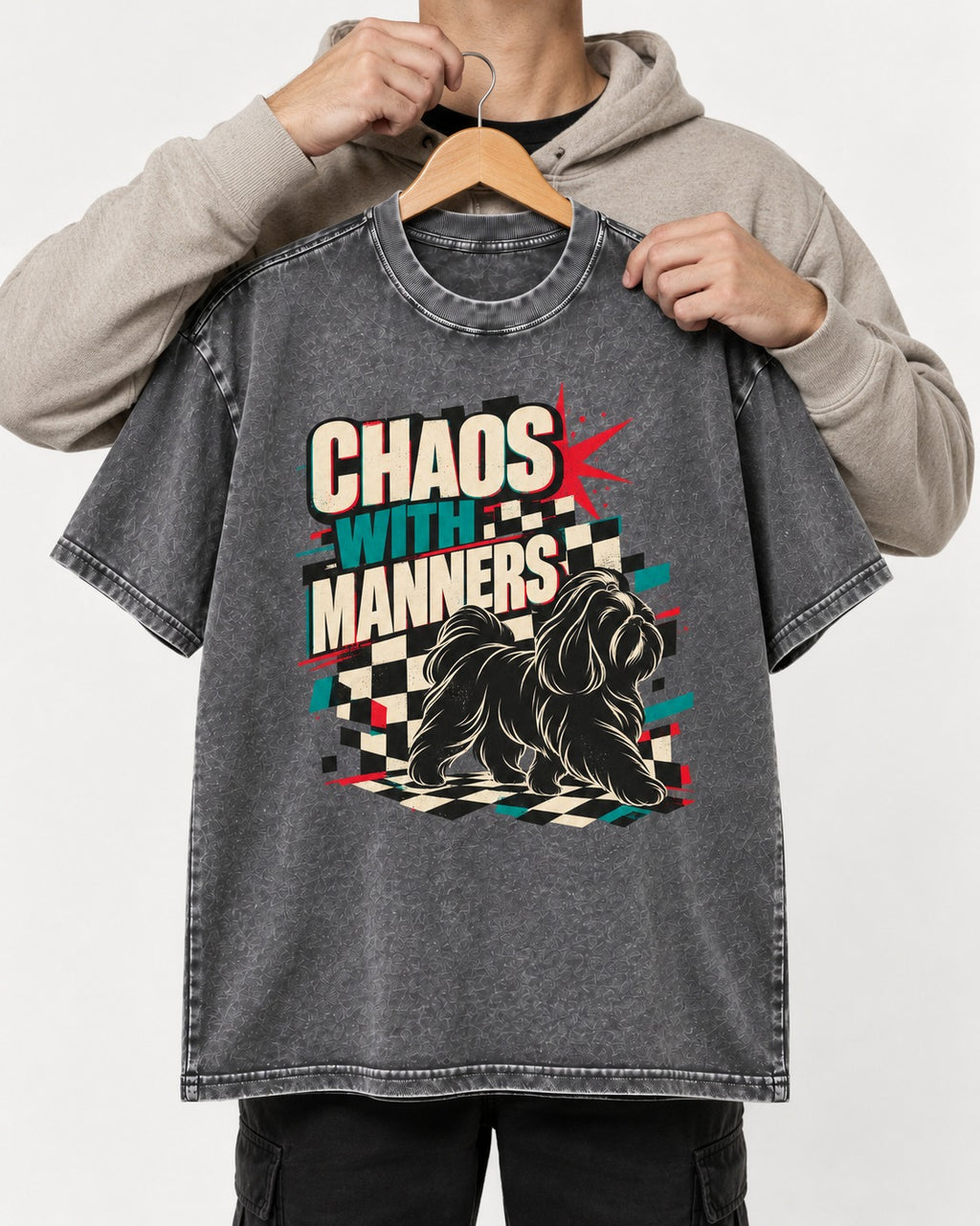 Shih Tzu Chaos with Manners Checkerboard Graphic Washed Tee in Gray, held up on a hanger