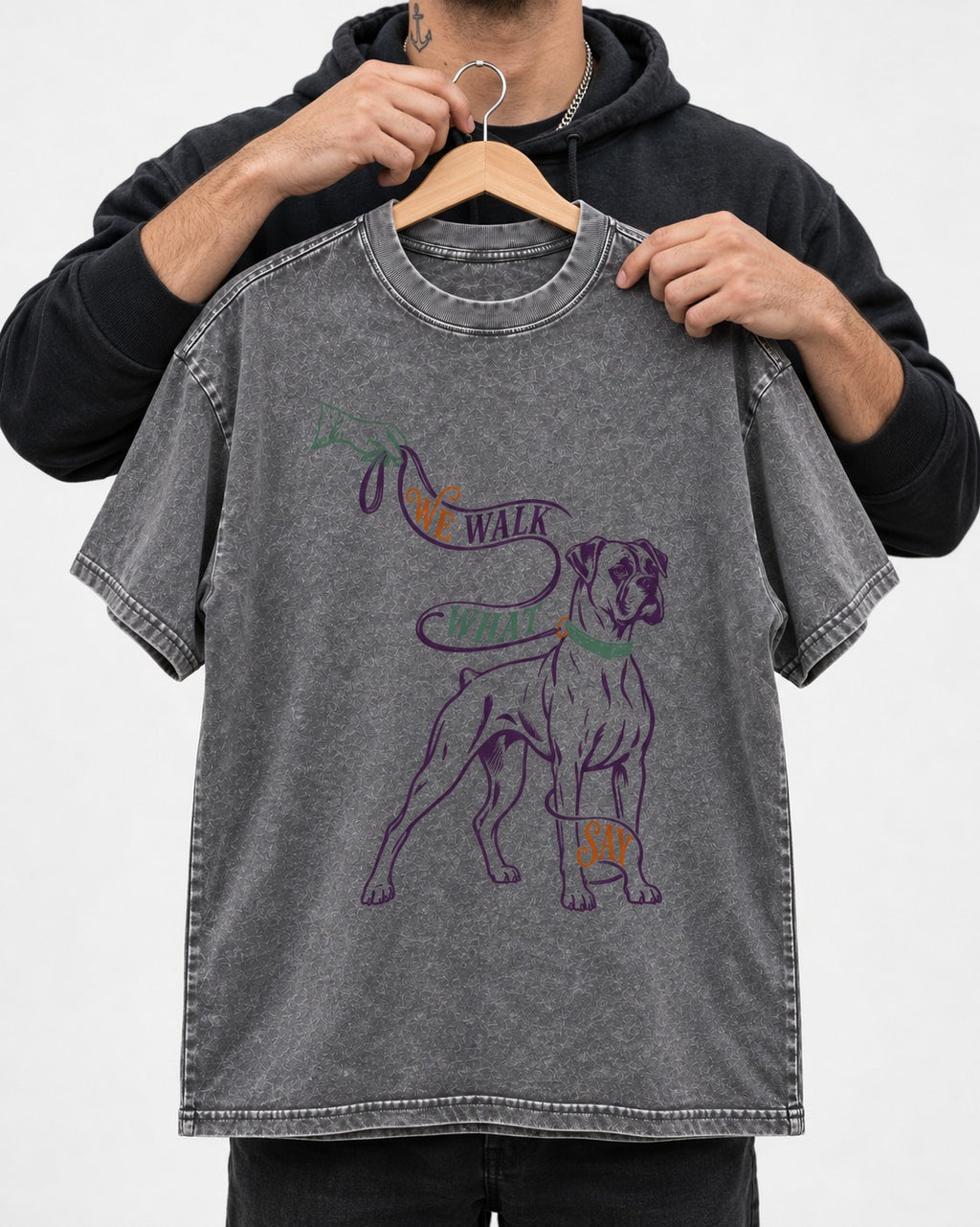 Boxer When I Say Washed Tee in Gray, held up on a hanger
