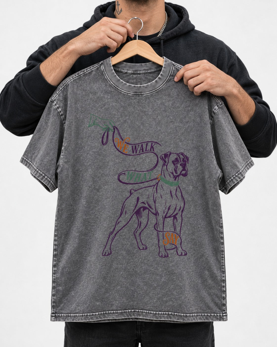 Boxer When I Say Washed Tee in Gray, held up on a hanger
