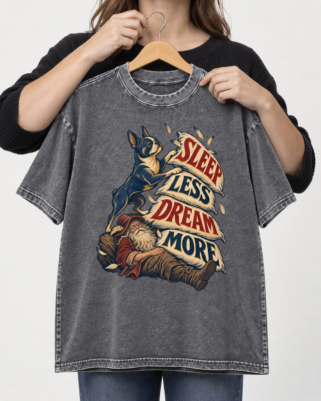 Boston Terrier Sleep Less Dream More Washed Tee in Gray, held up on a hanger