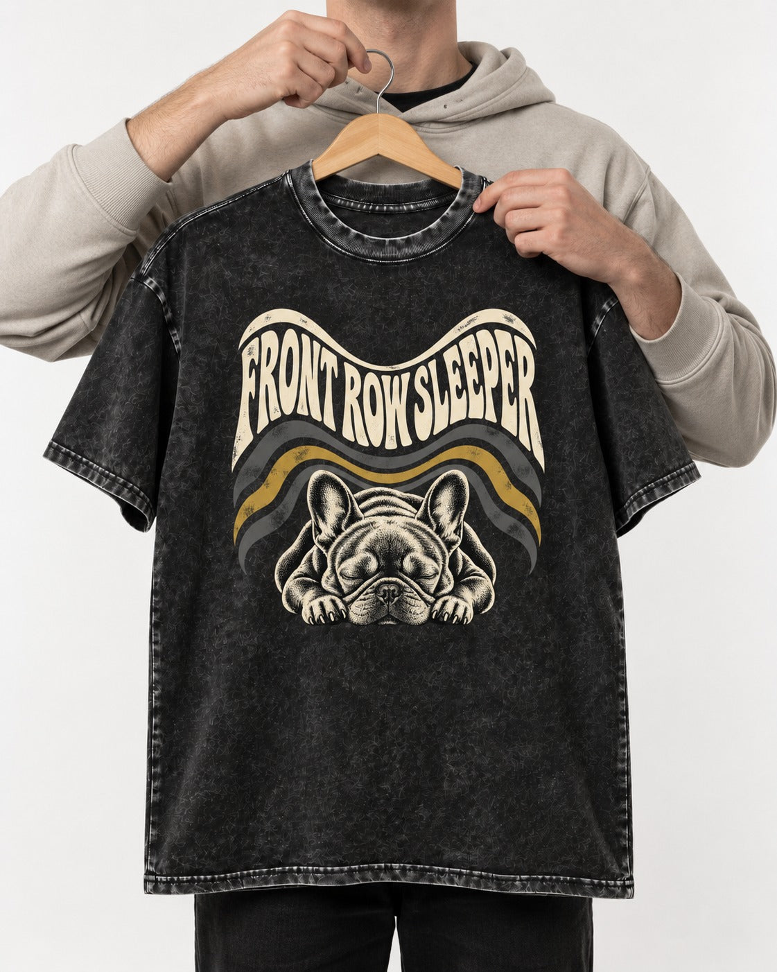 Frenchie Front Row Sleeper Retro Graphic Washed Tee in Black, held up on a hanger