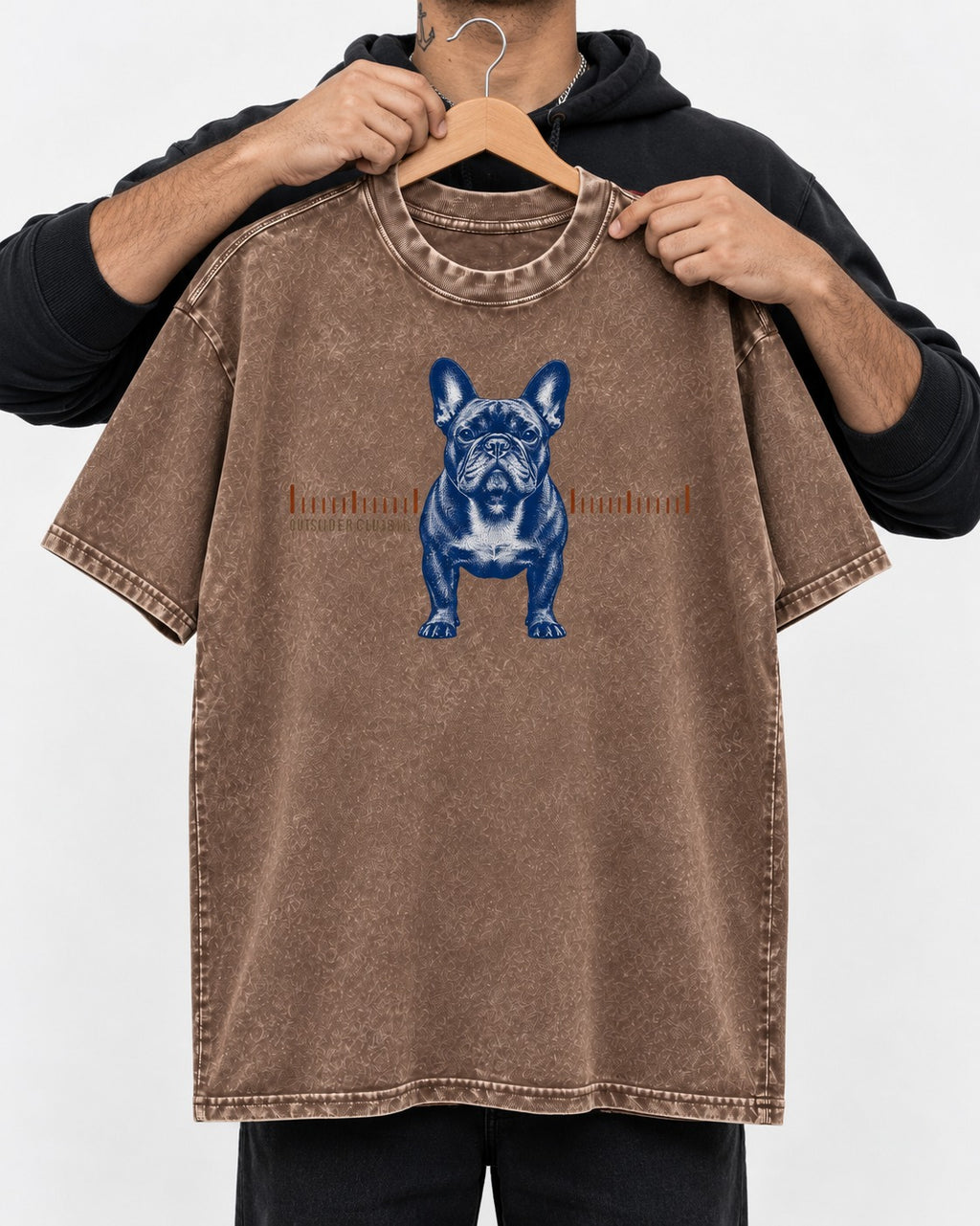 Frenchie Outside the Measure Washed Tee in Coffee, held up on a hanger