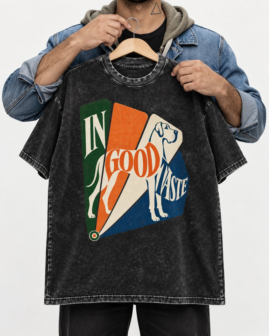 Great Dane In Good Taste Color Fan Graphic Washed Tee in Black, held up on a hanger