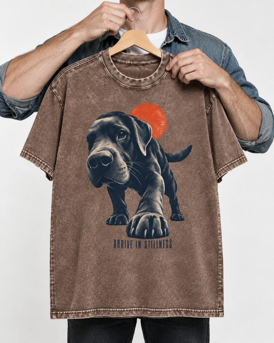 Labrador Retriever Arrive in Stillness Washed Tee in Coffee, held up on a hanger