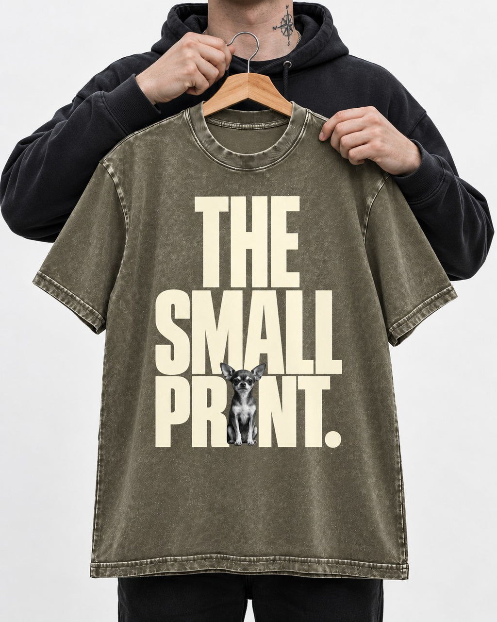 Chihuahua The Small Print Typographic Portrait Washed Tee in Army Green, held up on a hanger