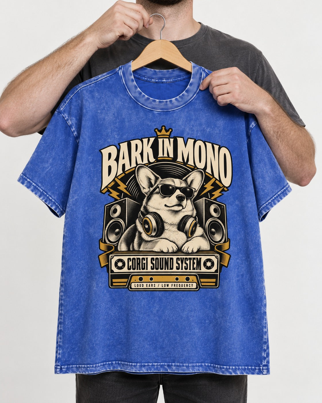 Corgi Bark in Mono Sound System Washed Tee in Royal Blue, held up on a hanger