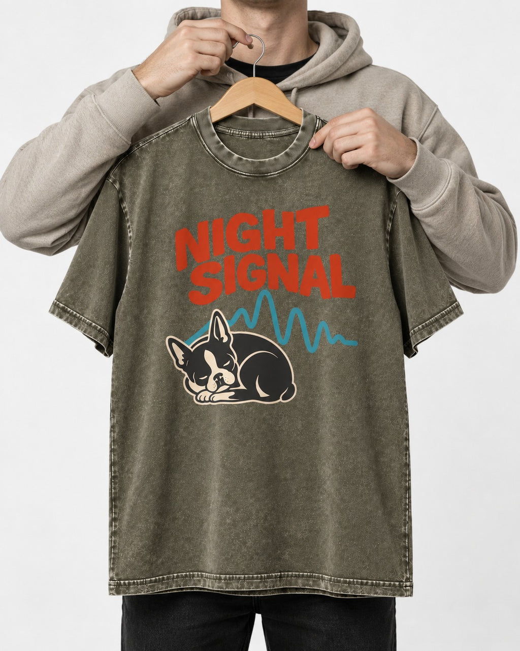 Boston Terrier Sleeping Night Signal Washed Tee in Army Green, held up on a hanger