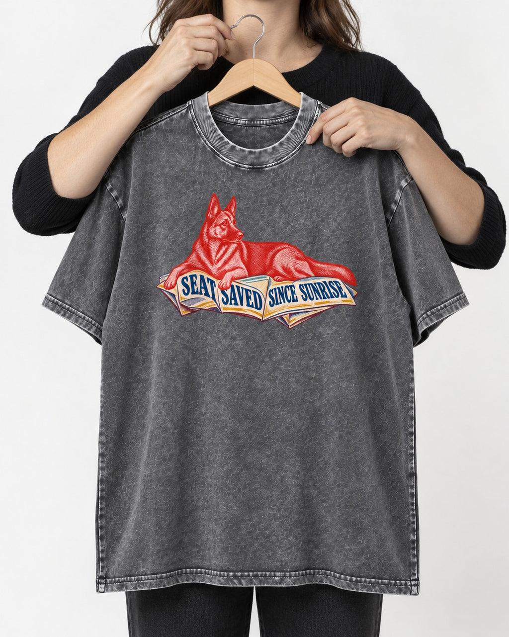 Seat Saved Since Sunrise German Shepherd Dog Washed Tee in Gray, held up on a hanger