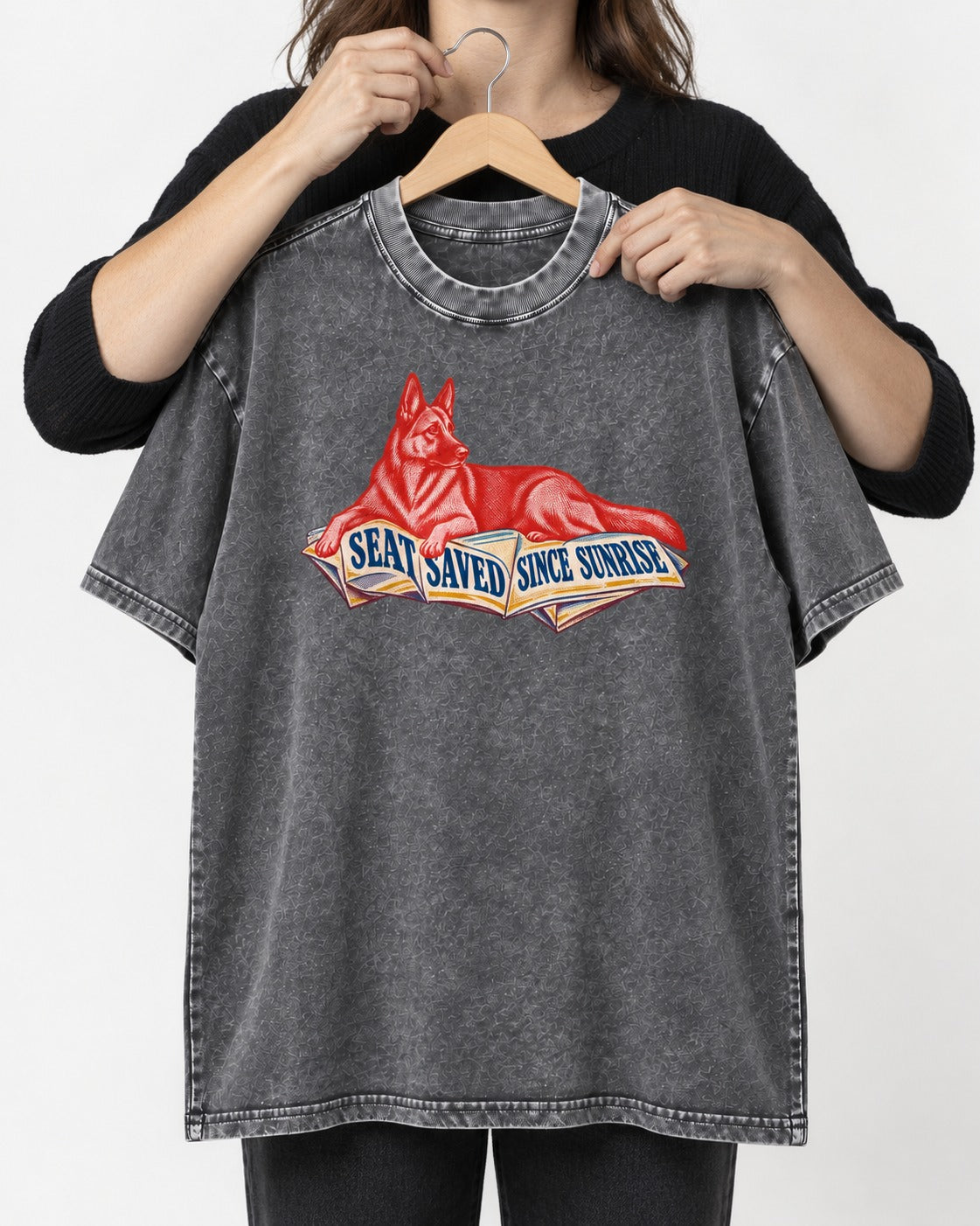 Seat Saved Since Sunrise German Shepherd Dog Washed Tee in Gray, held up on a hanger