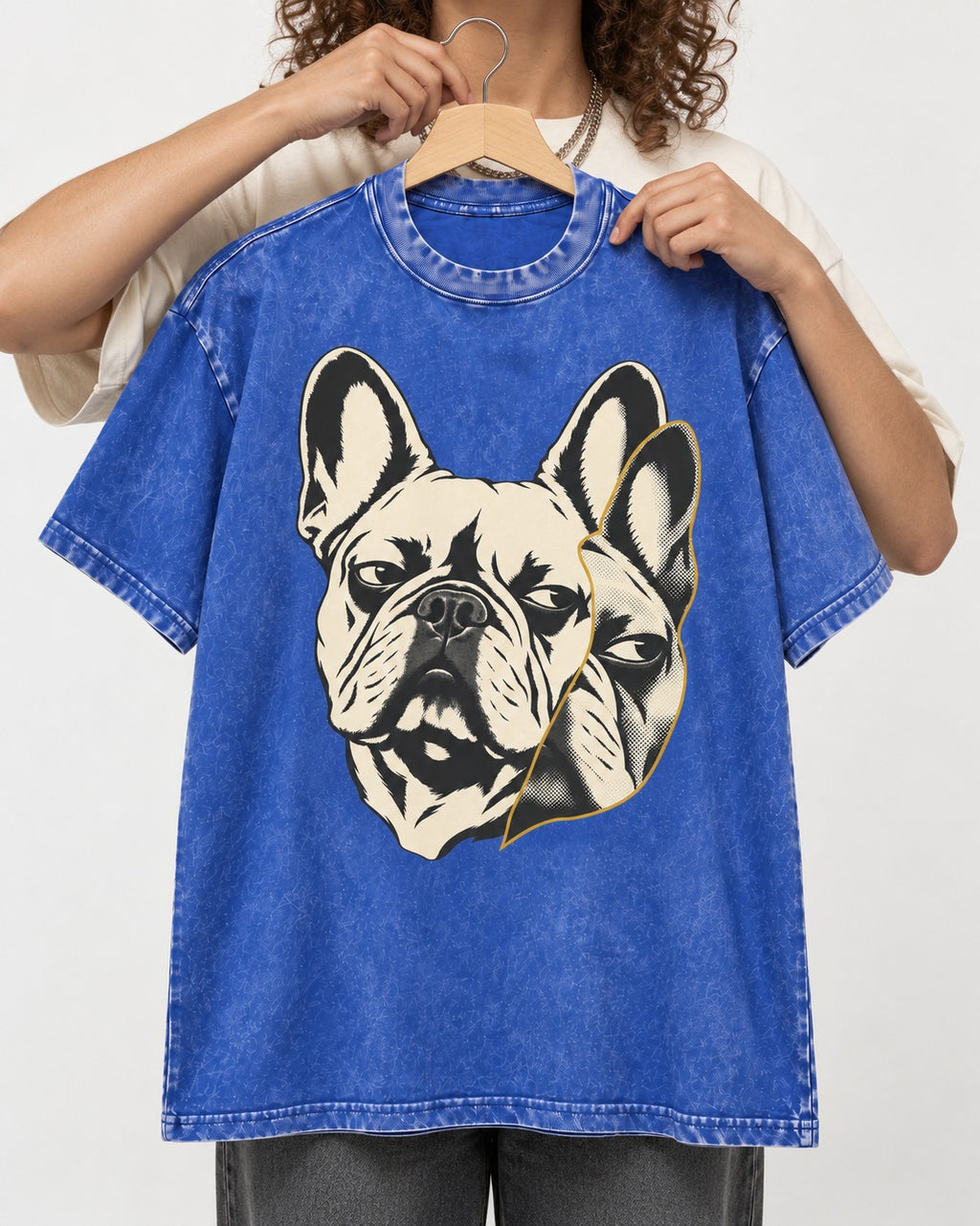 Frenchie Double Crop Side Eye Portrait Graphic Washed Tee in Royal Blue, held up on a hanger