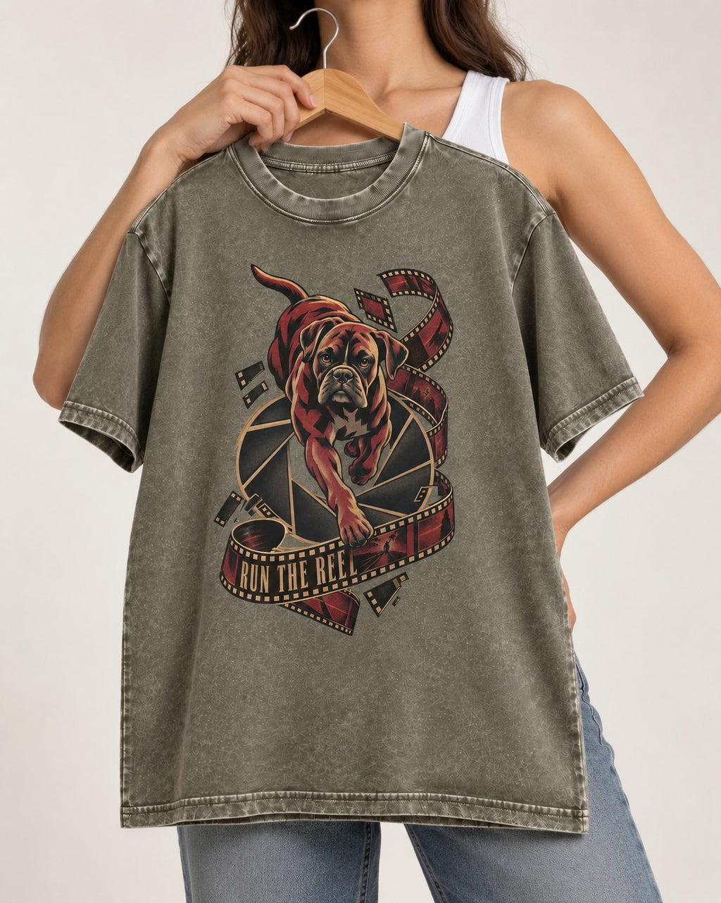 Run the Reel Boxer Film Graphic Washed Tee in Army Green, held up on a hanger