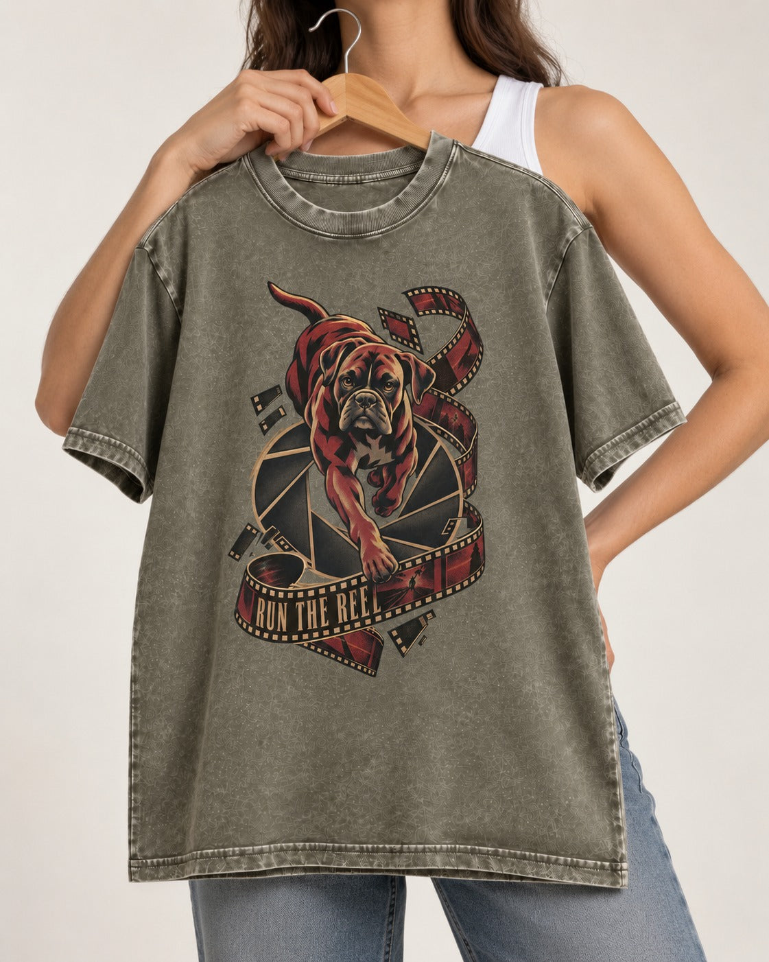Run the Reel Boxer Film Graphic Washed Tee in Army Green, held up on a hanger