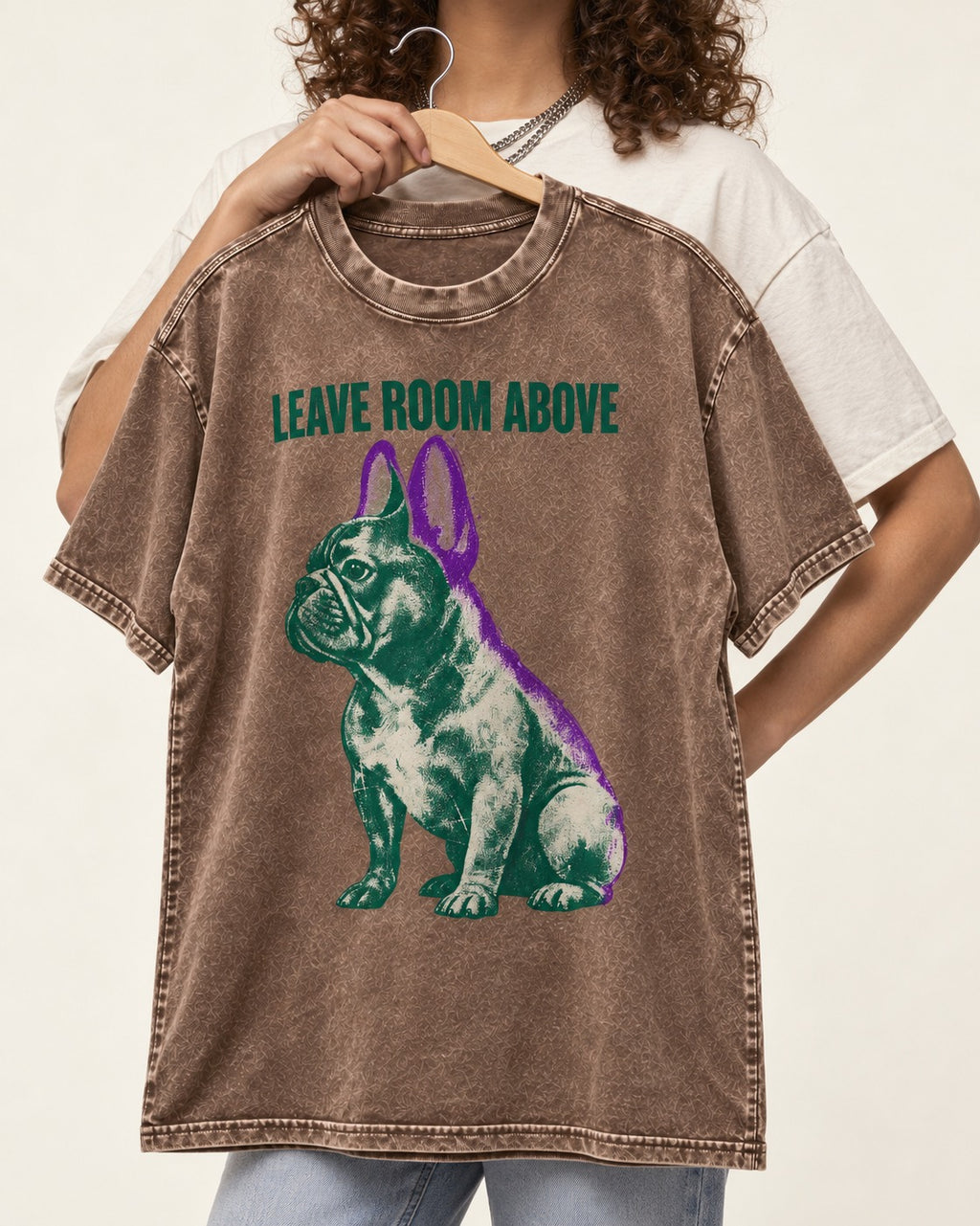 Leave Room Above Frenchie Washed Tee in Coffee, held up on a hanger