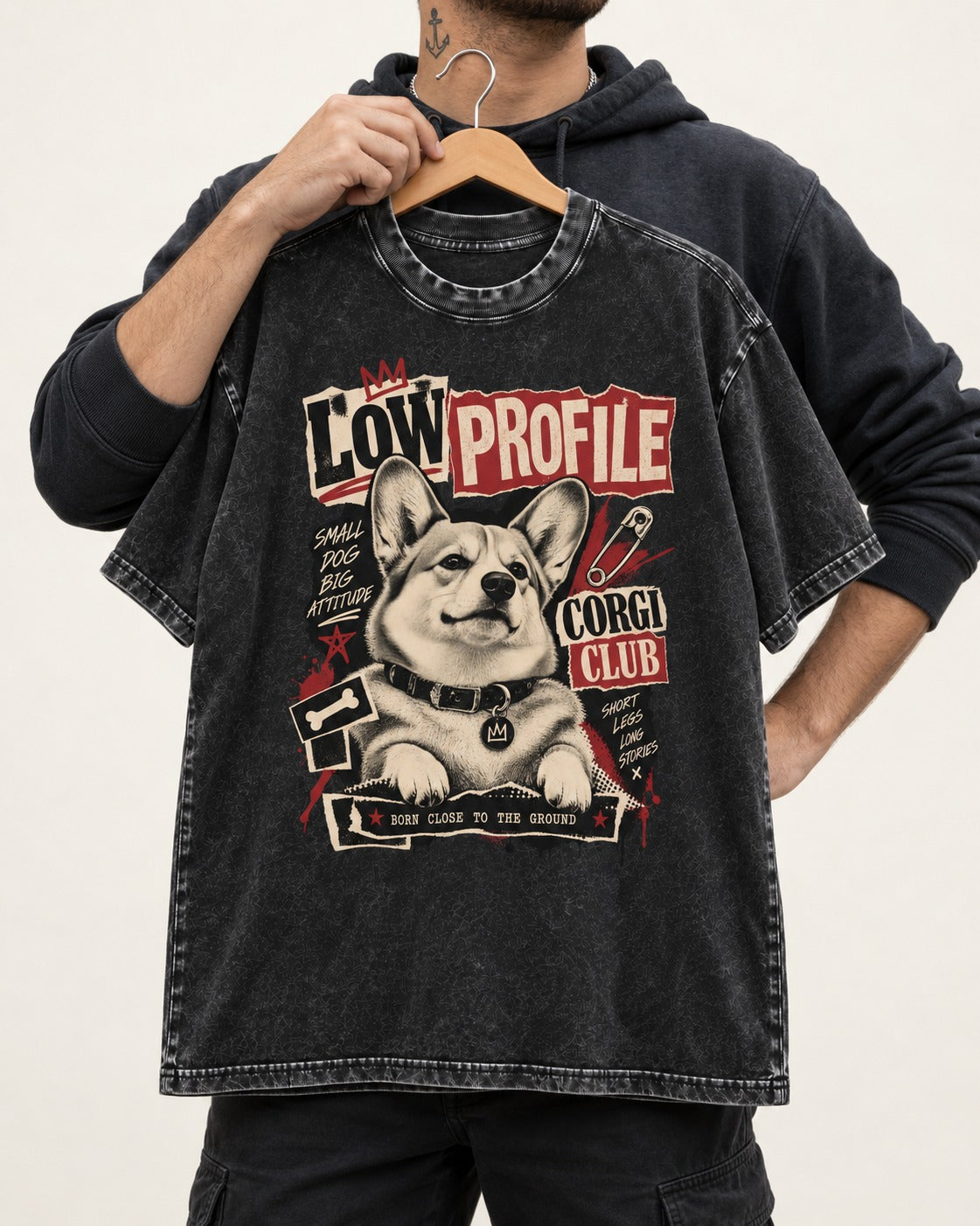 Corgi Low Profile Corgi Club Punk Collage Graphic Washed Tee in Black, held up on a hanger