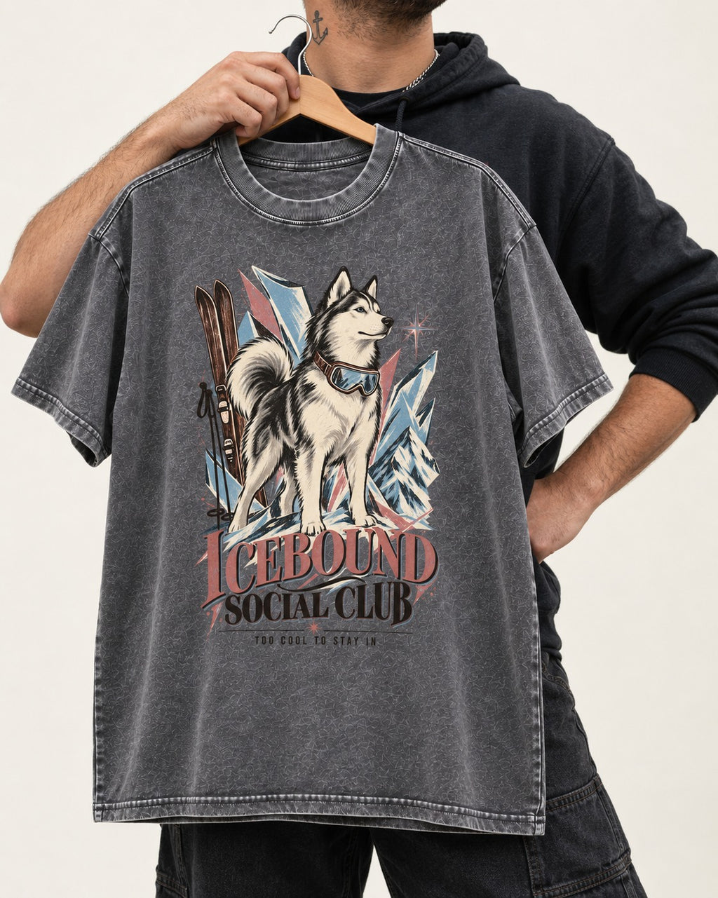 Icebound Husky Washed Tee in Gray, held up on a hanger