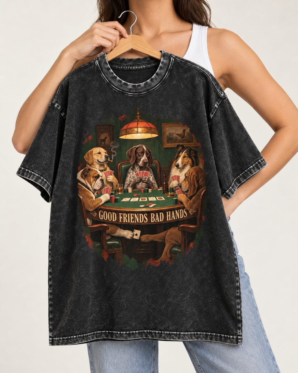 German Shorthaired Pointer Good Friends Bad Hands Poker Night Graphic Washed Tee in Black, held up on a hanger