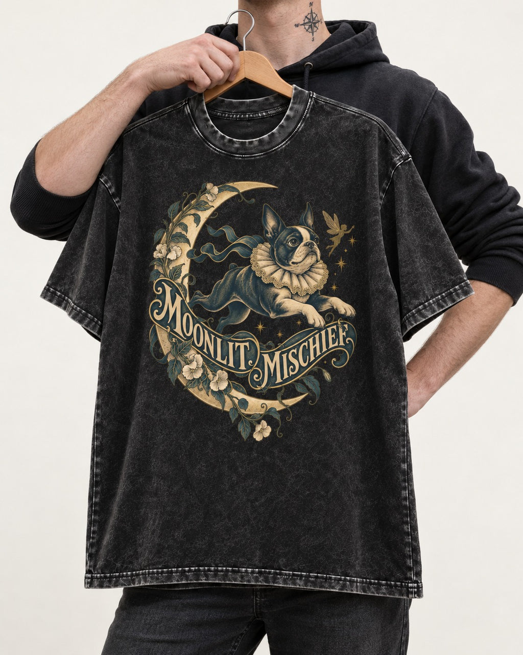 Boston Terrier Moonlit Mischief Washed Tee in Black, held up on a hanger