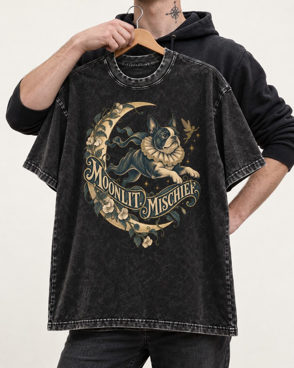 Boston Terrier Moonlit Mischief Washed Tee in Black, held up on a hanger
