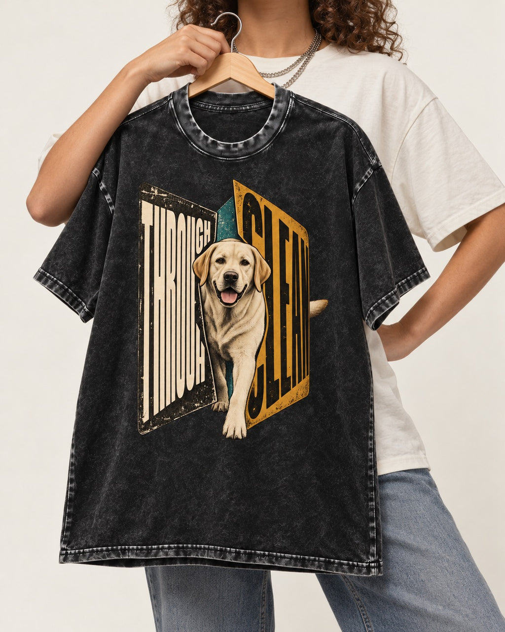 Labrador Retriever Through Steel Split Sign Graphic Washed Tee in Black, held up on a hanger