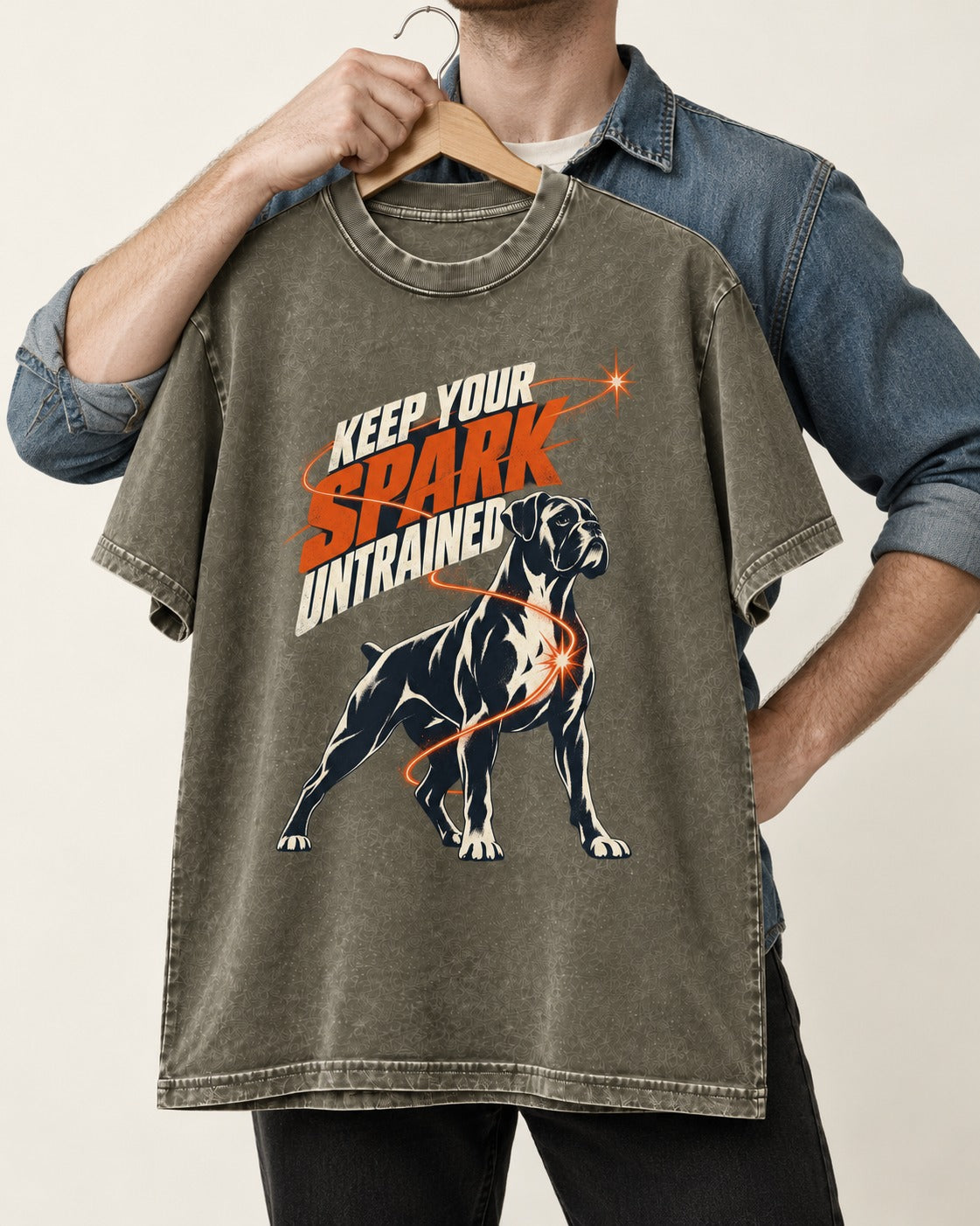 Boxer Keep Your Spark Untrained Washed Tee in Army Green, held up on a hanger