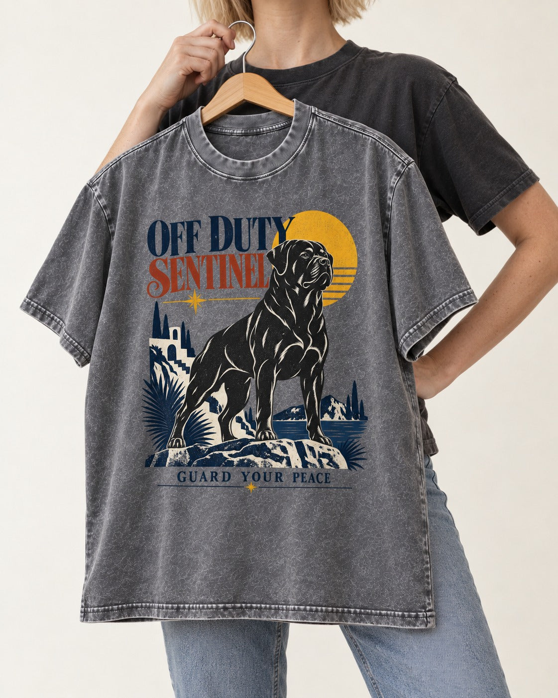 Off Duty Rottweiler Sentinel Washed Tee in Gray, held up on a hanger