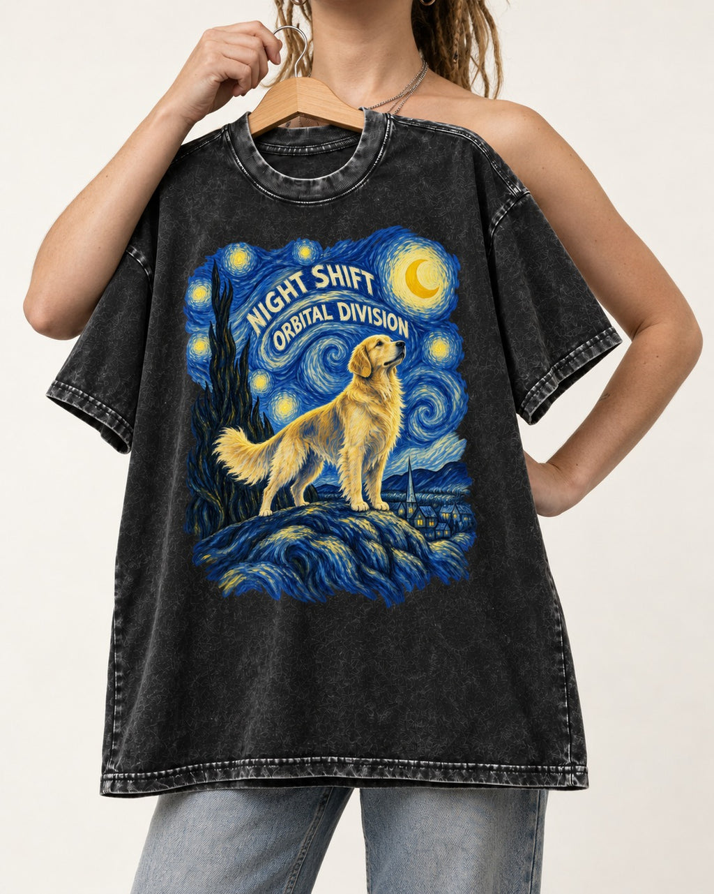 Night Shift Orbital Division Starry Night Golden Retriever Graphic Washed Tee in Black, held up on a hanger