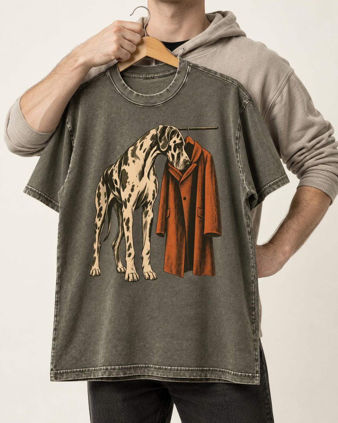 Great Dane Harlequin Coat Rack Overcoat Graphic Washed Tee in Army Green, held up on a hanger