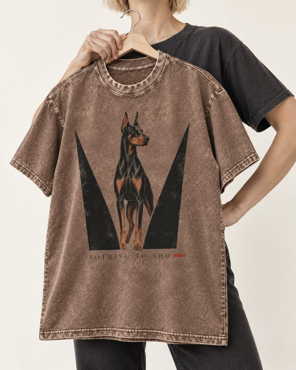 Doberman Nothing to Add Washed Tee in Coffee, held up on a hanger