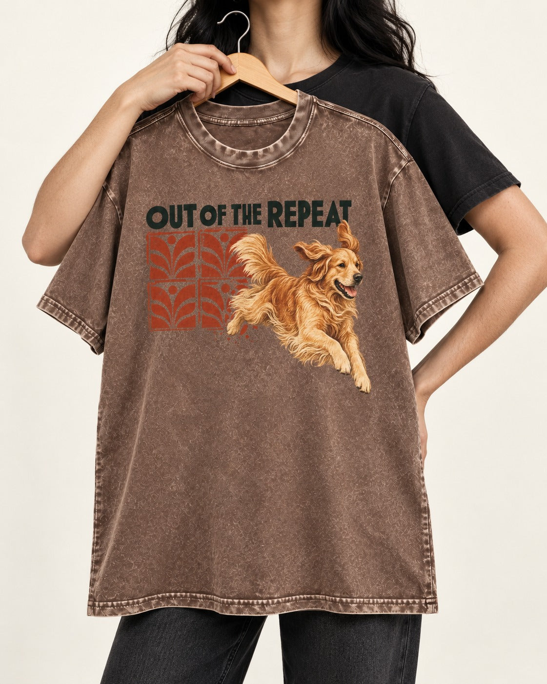 Golden Retriever Out of the Repeat Washed Tee in Coffee, held up on a hanger