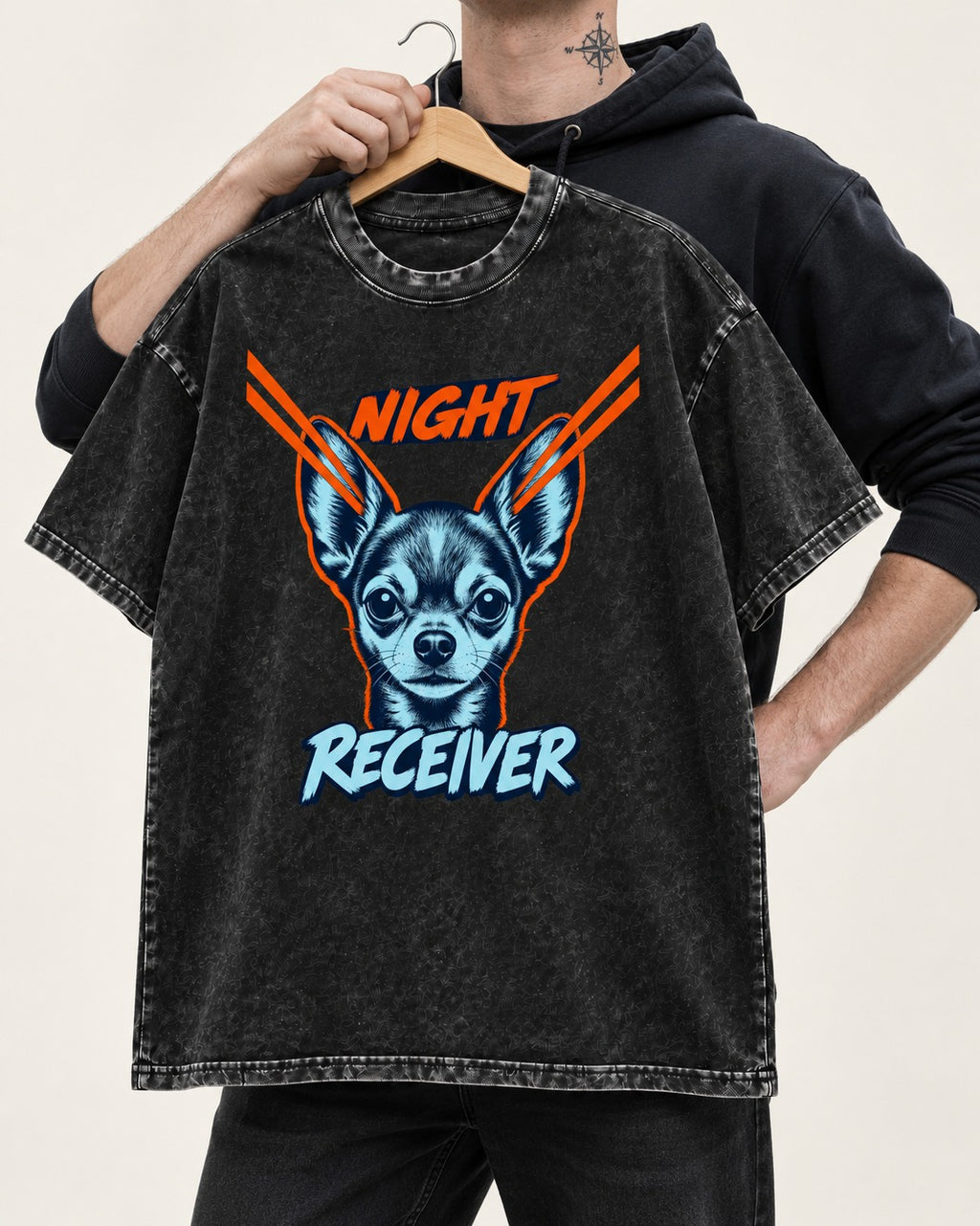Chihuahua Night Receiver Signal Portrait Graphic Washed Tee in Black, held up on a hanger