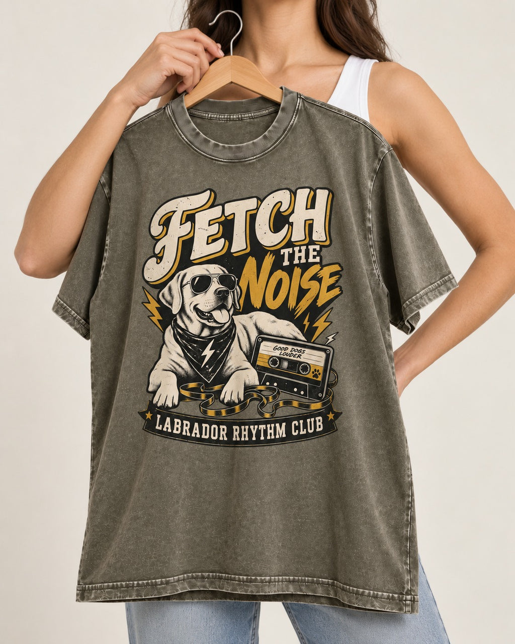 Labrador Retriever Fetch the Noise Rhythm Club DJ Graphic Washed Tee in Army Green, held up on a hanger