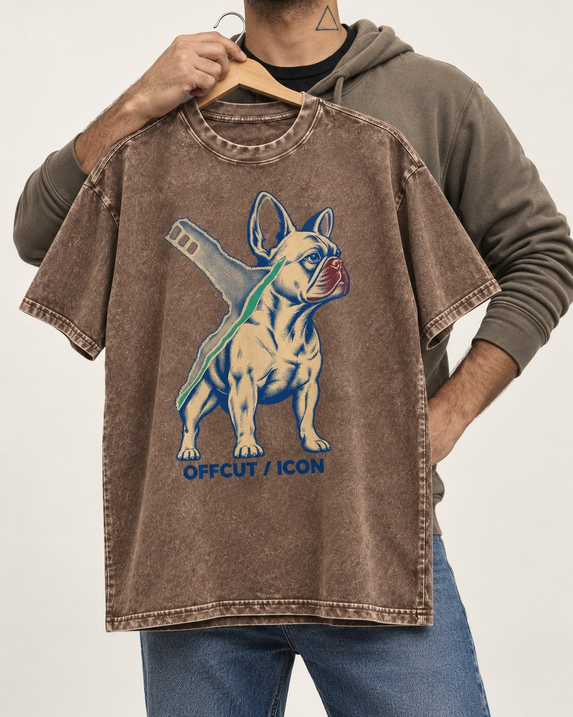 Offcut Frenchie Icon Washed Tee in Coffee, held up on a hanger