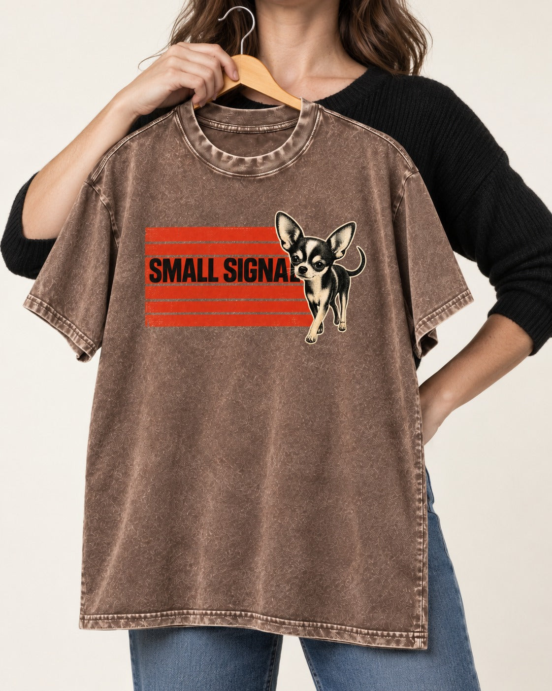 Small Signal Chihuahua Washed Tee in Coffee, held up on a hanger