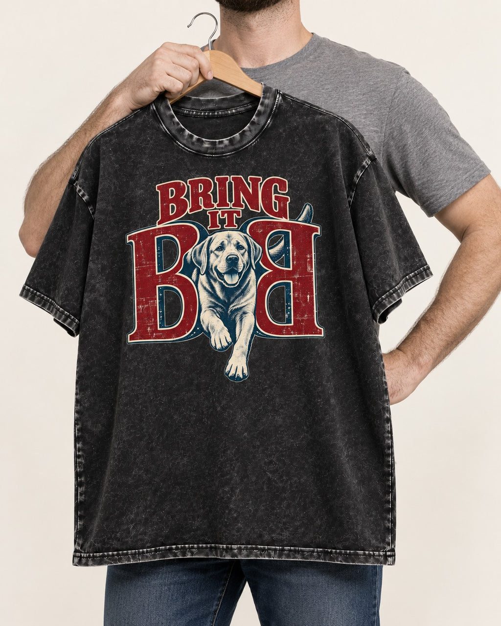Labrador Retriever Bring It Opposing B Portrait Graphic Washed Tee in Black, held up on a hanger