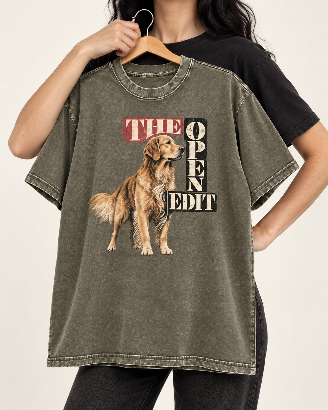 Golden Retriever The Open Edit Typography Portrait Graphic Washed Tee in Army Green, held up on a hanger