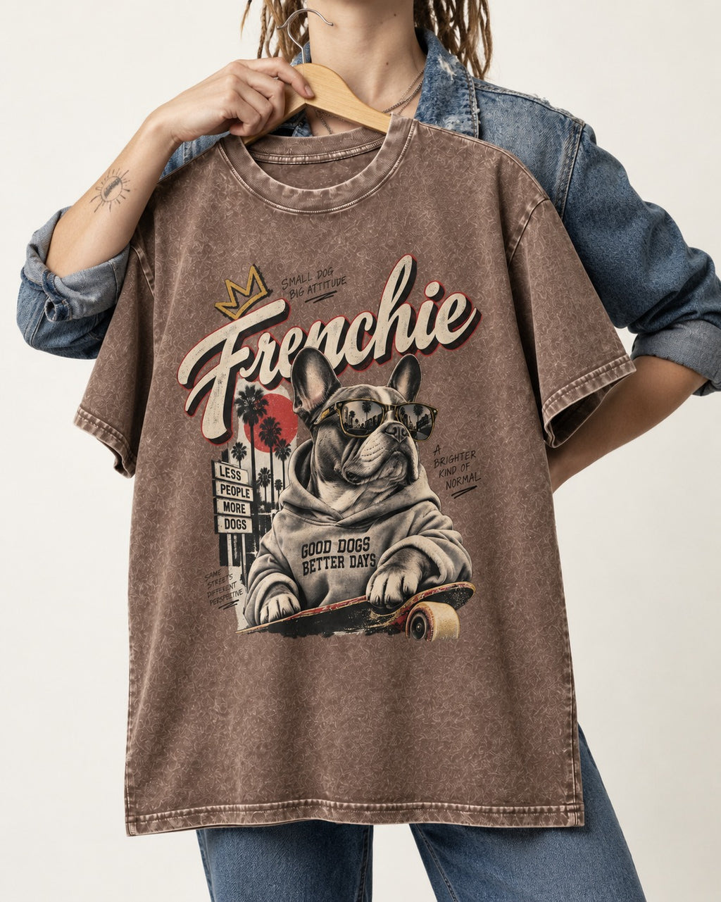 Frenchie Better Days Washed Tee in Coffee, held up on a hanger