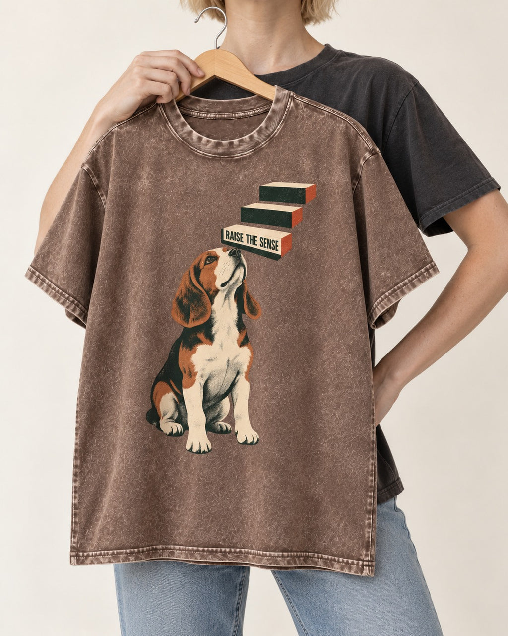 Raise The Sense Beagle Scent Hound Washed Tee in Coffee, held up on a hanger