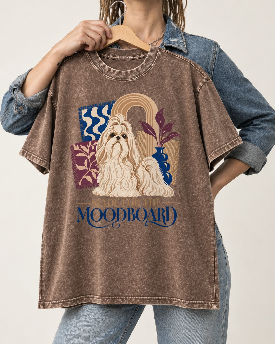 Shih Tzu Made for the Moodboard Boho Interior Graphic Washed Tee in Coffee, held up on a hanger