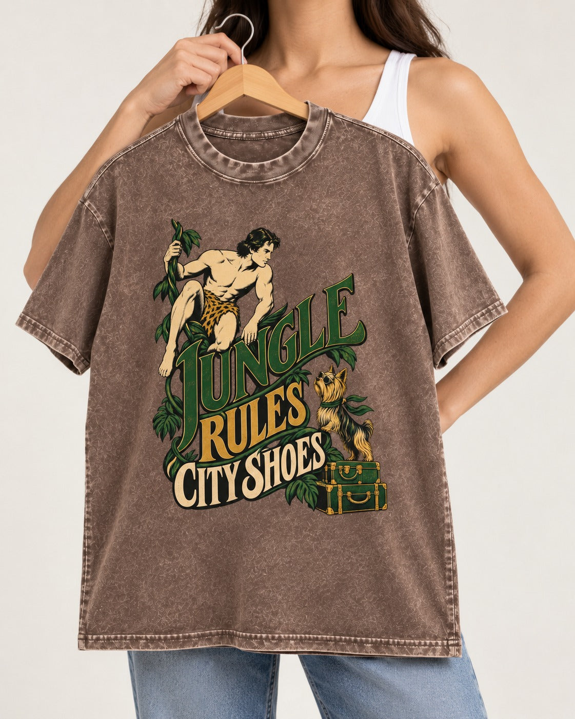 Jungle Rules City Shoes Yorkshire Terrier Washed Tee in Coffee, held up on a hanger