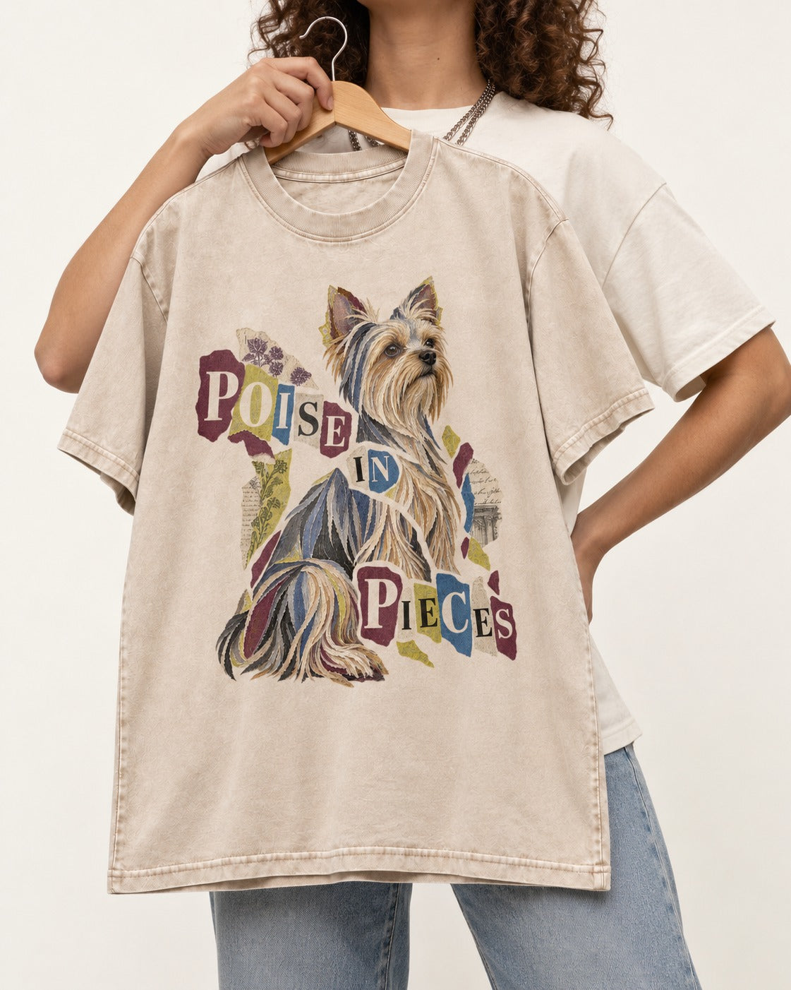 Yorkshire Terrier Poise in Pieces Torn Paper Collage Graphic Washed Tee in Apricot, held up on a hanger