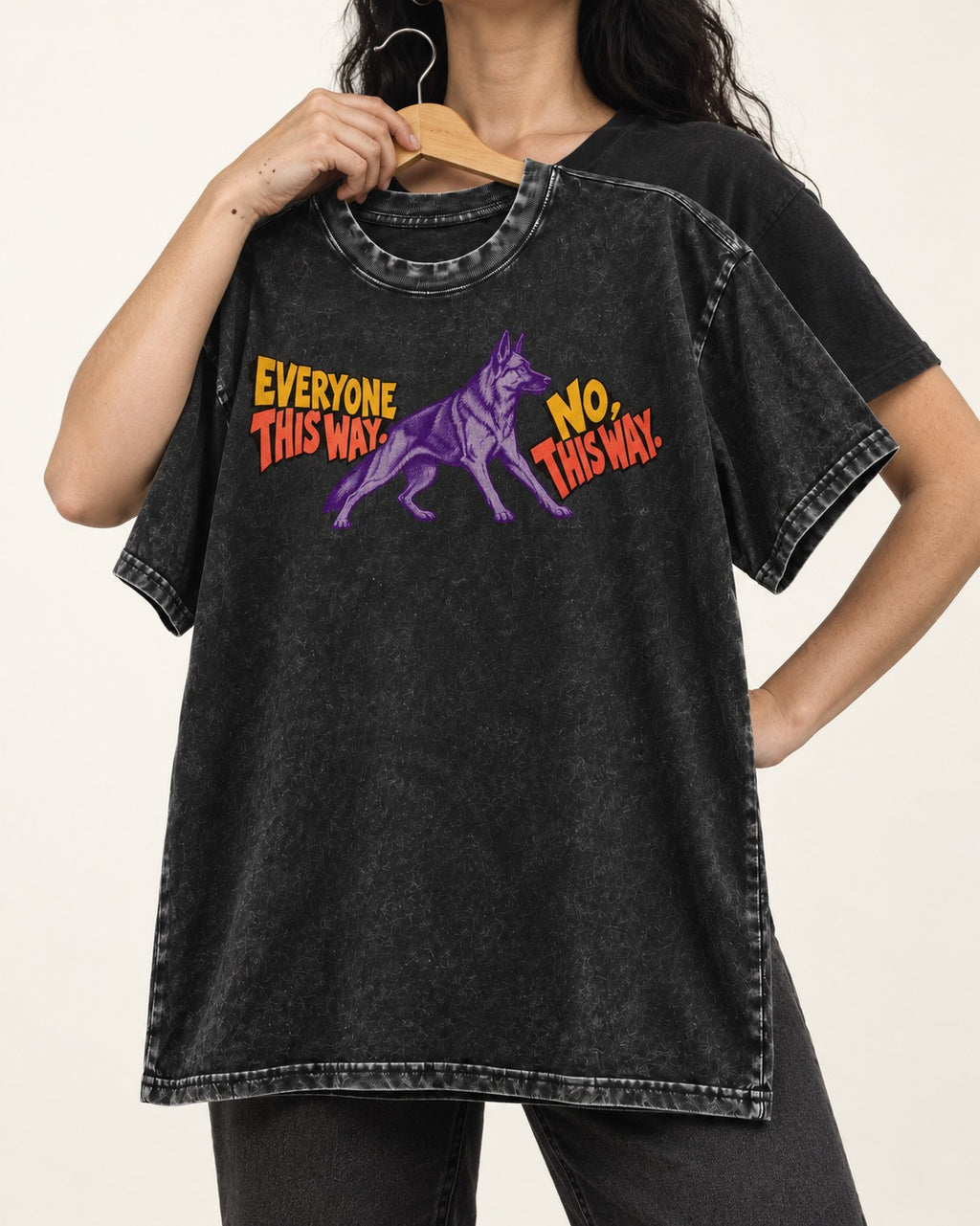 German Shepherd Dog Everyone This Way No This Way Direction Graphic Washed Tee in Black, held up on a hanger