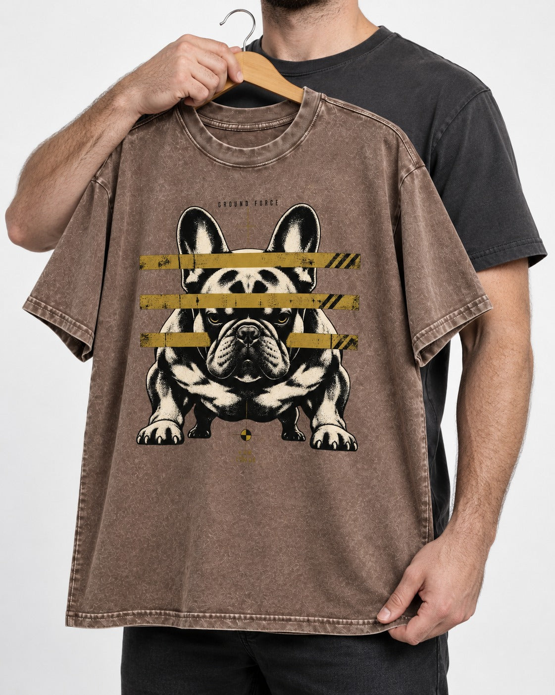 Frenchie Ground Force Industrial Barrier Graphic Washed Tee in Coffee, held up on a hanger