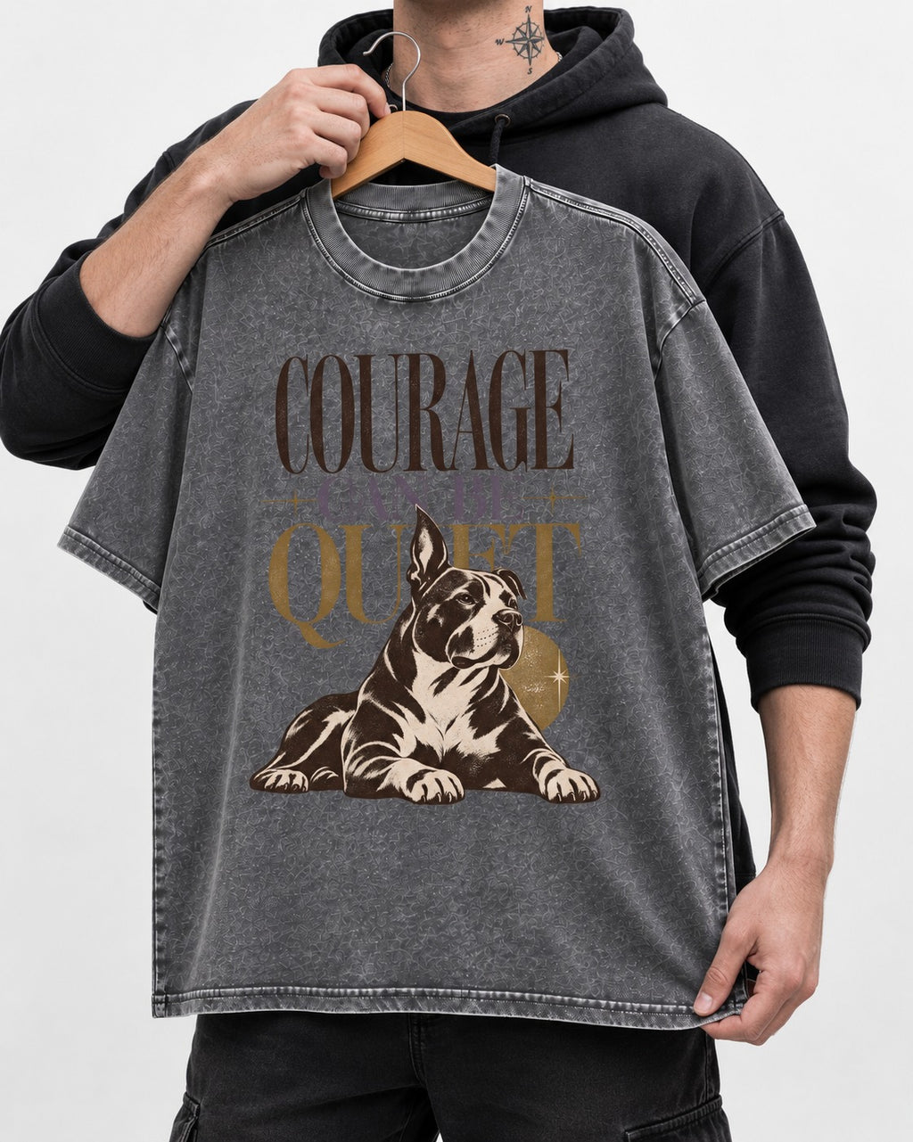 Pitbull Courage Can Be Quiet Washed Tee in Gray, held up on a hanger